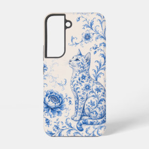 Para Samsung Galaxy S22 Funda de teléfono de gato de porcelana azul floral