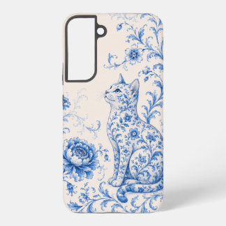 Para Samsung Galaxy S22+ Funda de teléfono de gato de porcelana azul floral