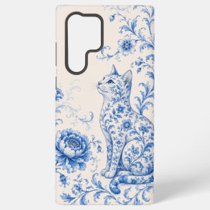 Para Samsung Galaxy S22 Ultra Funda de teléfono de gato floral de porcelana azul