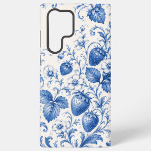 Para Samsung Galaxy S22 Ultra Funda de teléfono floral de fresa chinoiserie azul