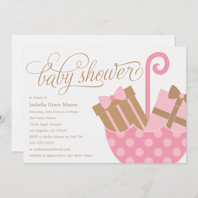 Paraguas rosado | Invitación de Baby Shower (Anverso / Reverso)