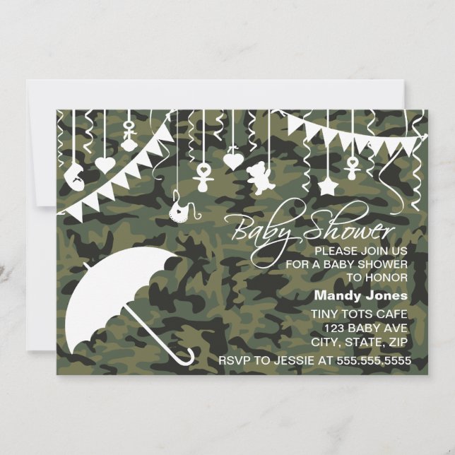 Paraguas verde Camo invitaciones modernas a la duc (Anverso)