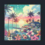 Paraíso rosa y turquesa | Arte de playa<br><div class="desc">vistas al océano bonito,  turquesa,  verde azulada y rosa,  puesta de sol y siluetas de palmeras,  hermosas flores tropicales y una casa de playa y muelle.</div>