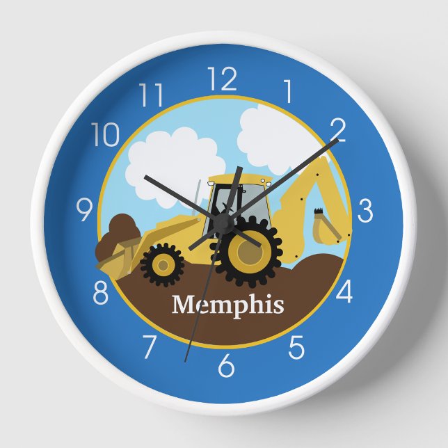 Pared Reloj de construcción de Backhoe - Añadir un nombr (Backhoe Construction Personalized Wall Clock )