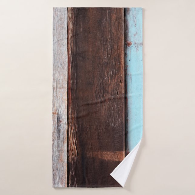 Paredes de madera gris vieja, negro, blanco, table (Toalla de baño)