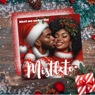 Pareja Afroamericana Beso de Navidad en Muérdago