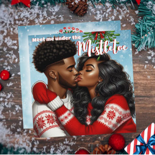 Pareja Afroamericana Beso de Navidad en Muérdago