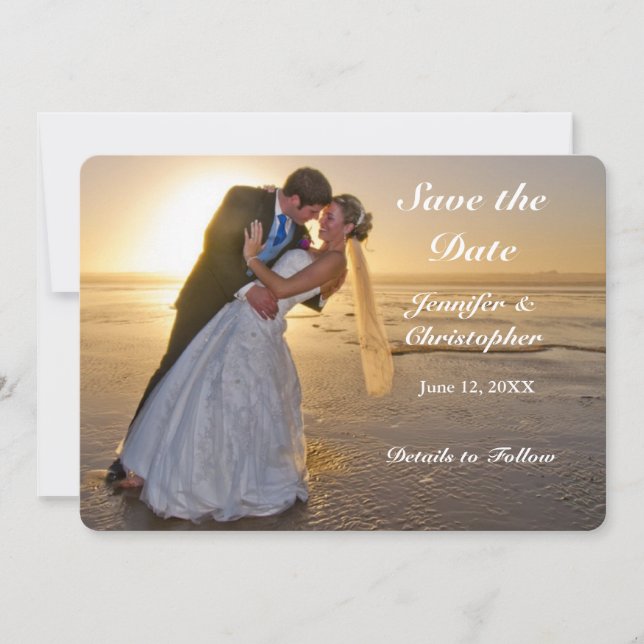 Pareja boda en Sunset Beach Guardar la tarjeta de  (Anverso)