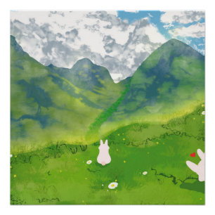 Pareja Bonita Conejo en Vista de Montaña Póster Br