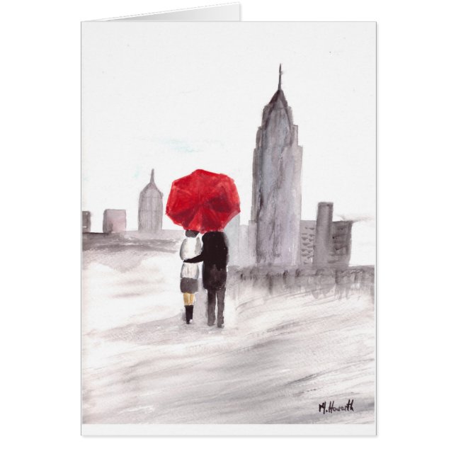 Pareja de amor de Nueva York con paraguas rojos (Frente)