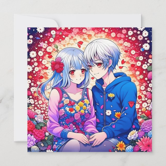 Pareja de anime, flores y corazones personalizados (Anverso)