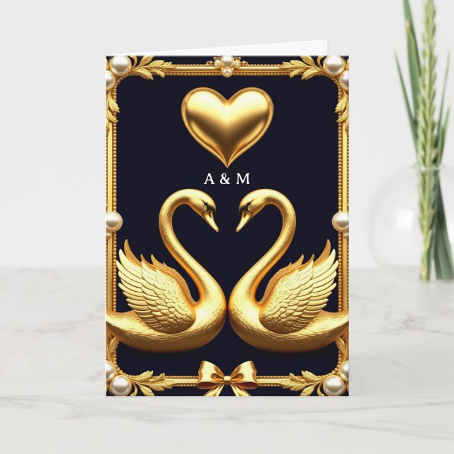 Pareja de cisnes elegantes con corazón Tarjeta de  (Anverso)