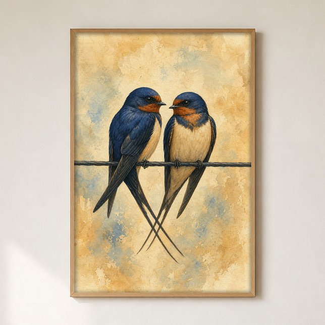 Pareja de golondrinas en un cable Póster de acuare (Shown framed for scale. Poster ships unframed; frames are an optional add-on.)