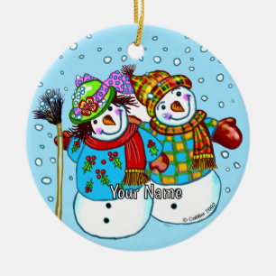 Pareja de muñeco de nieve Adorno de cerámica