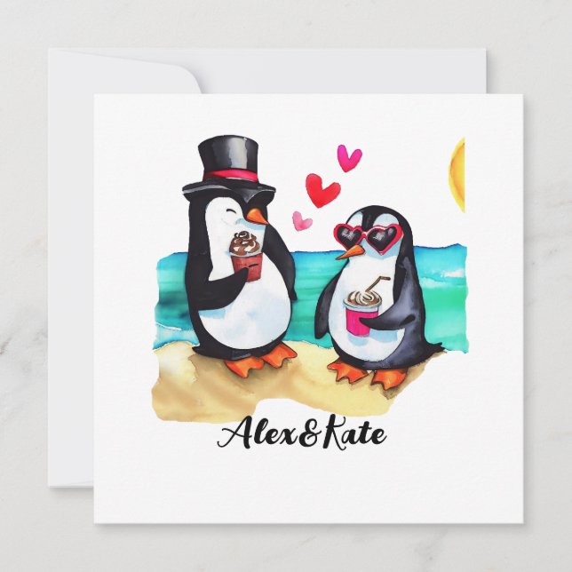 Pareja de pingüino divertida, animales enamorados (Anverso)