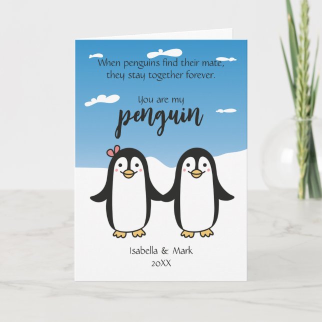 Pareja de Pingüinos Adorables, Tarjeta del Día de  (Anverso)