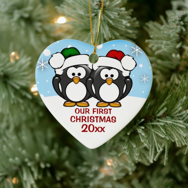 Pareja de pingüinos primer ornamento de Navidad (Árbol)