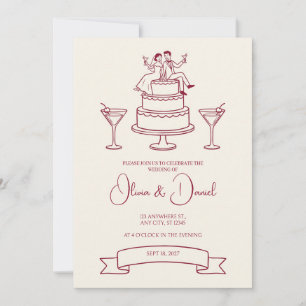 Pareja de Tarta de Boda de Línea Roja Invitación d