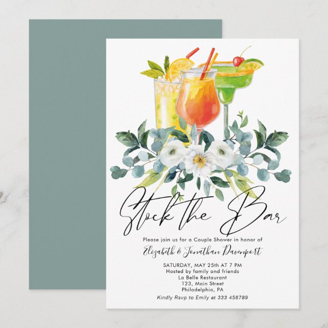 Pareja Ducha Cóctel Bebe Invitación Floral (Anverso / Reverso)