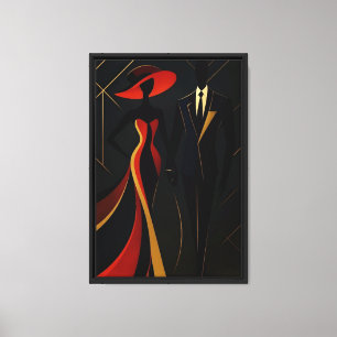 Pareja elegante en arte abstracto rojo y oro