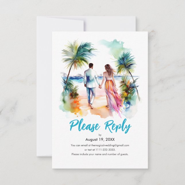 Pareja en Beach Wedding Watercolor Response RSVP (Anverso)