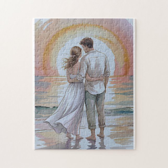 Pareja en la playa al atardecer rompecabezas (Vertical)