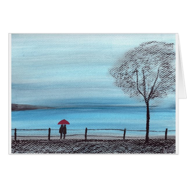 Pareja enamorada de paraguas rojos (Anverso (Horizontal))