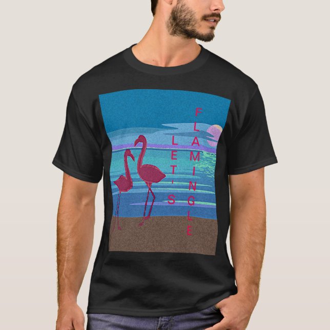 Pareja Flamingo Rosa en camiseta al atardecer (Anverso)