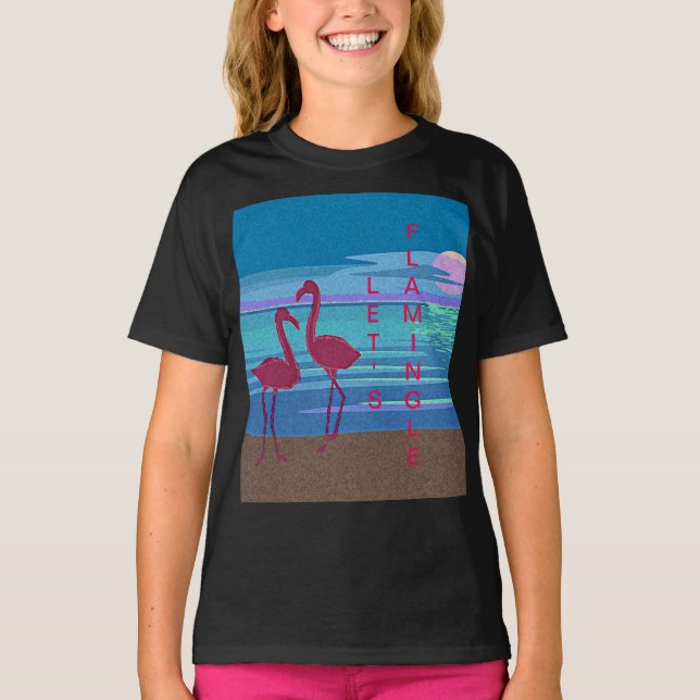 Pareja Flamingo Rosa en camiseta de Sunset Chica (Anverso)