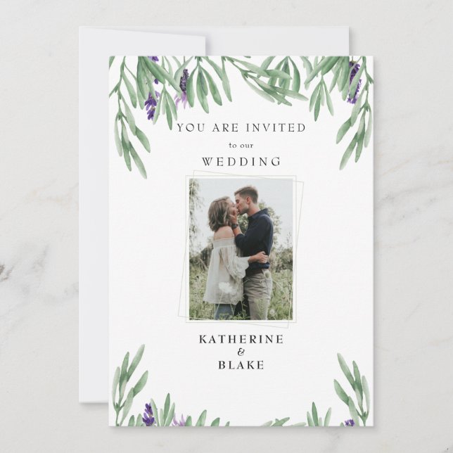 Pareja Foto Lavanda Foliage Invitación Boda modern (Anverso)