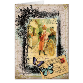 Pareja francesa con tarjeta estilo vintage
