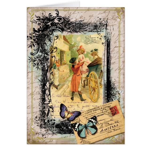 Pareja francesa con tarjeta estilo vintage (Frente)