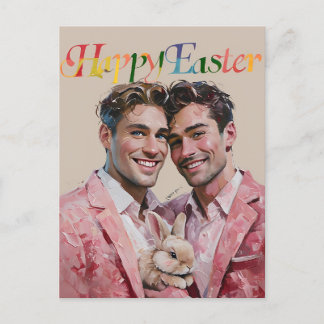 Pareja gay con traje rosado con tarjeta Bunny East