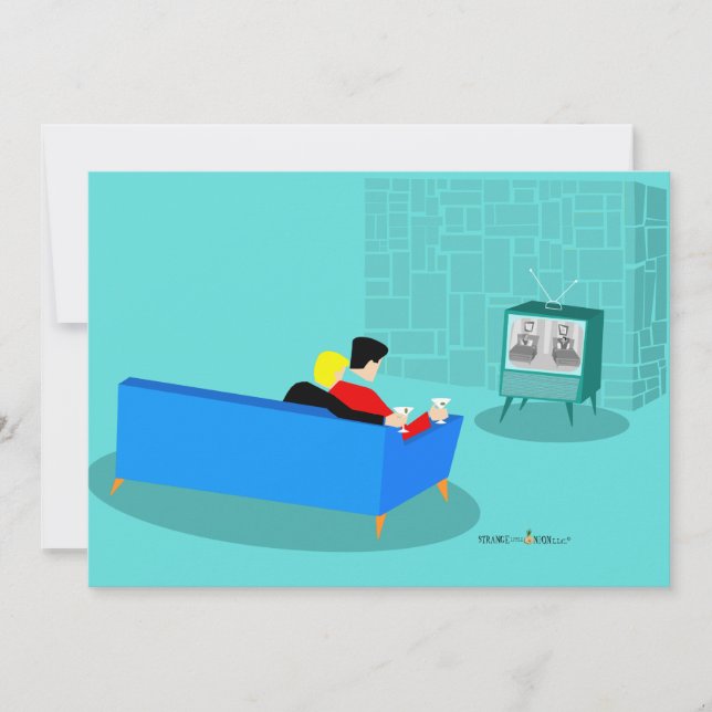 Pareja gay retro viendo la invitación a la televis (Anverso)