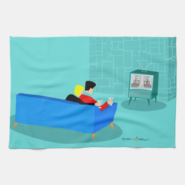 Pareja gay retro viendo toallas de cocina de TV (Horizontal)