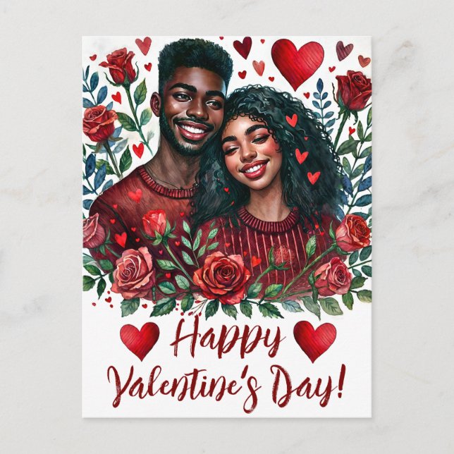 Pareja negra feliz Día de San Valentín postales de (Anverso)
