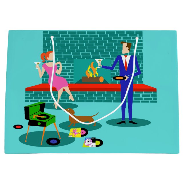 Pareja retro con bolsa de regalo de perro (Anverso)