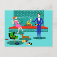 Pareja retro con postal de perro