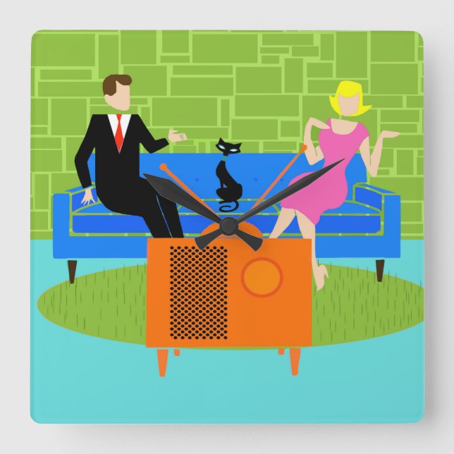 Pareja retro con reloj de pared acrílico de gato (Anverso)