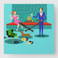 Pareja retro con reloj de pared acrílico de perro