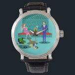 Pareja retro con reloj de perros para hombres<br><div class="desc">Esta pareja retro con vigilancia de perros parece una escena de una comedia romántica. El estilo de los años 60, con un diseño de arte minimalista, cuenta con una atractiva pareja que disfruta de una velada romántica en casa. La sofisticada sala cuenta con una chimenea de agua y ladrillo verde...</div>