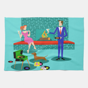Pareja retro con toalla de cocina de perro