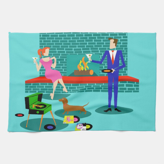 Pareja retro con toalla de cocina de perro (Horizontal)