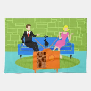 Pareja retro con toalla de cocina para gatos