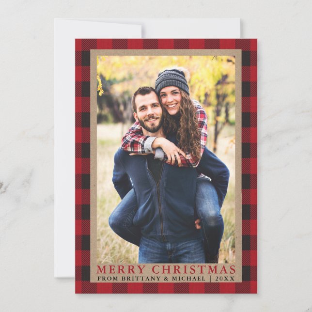 Pareja roja plaid foto merry navidad kraft (Anverso)