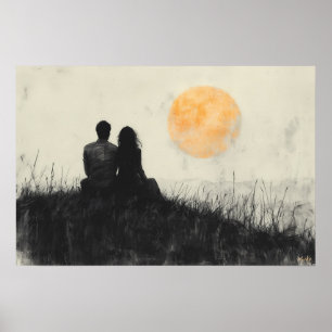 Pareja viendo la puesta de sol en arte en blanco y