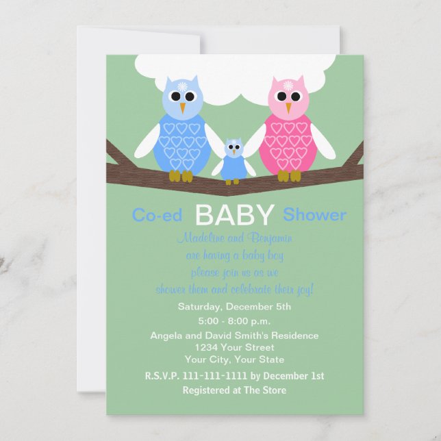 Parejas Coed Boy Invitación Lechuzas Baby Shower (Anverso)