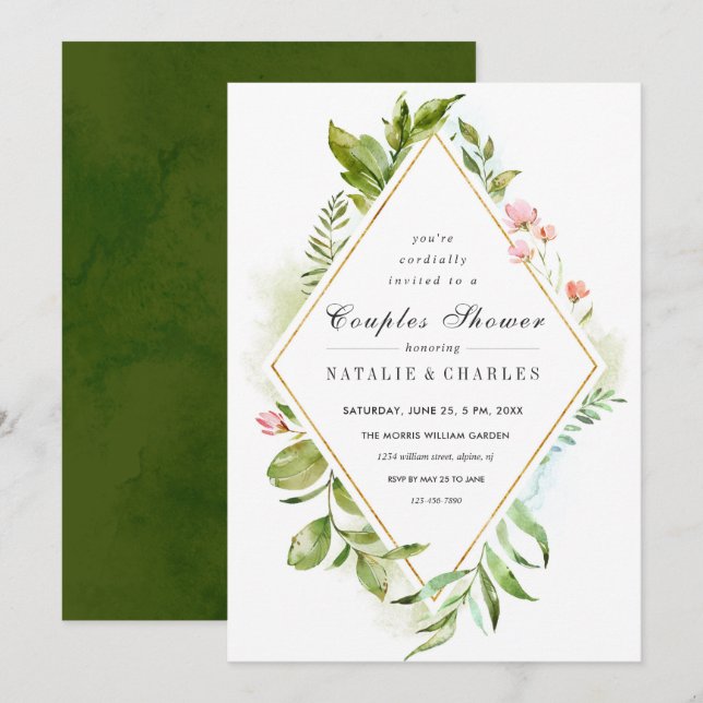 Parejas de follaje verde floral Invitación a la du (Anverso / Reverso)