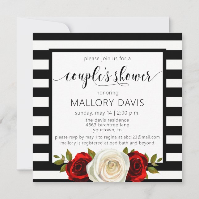 Parejas Ducha Invitación a franjas blancas negras  (Anverso)