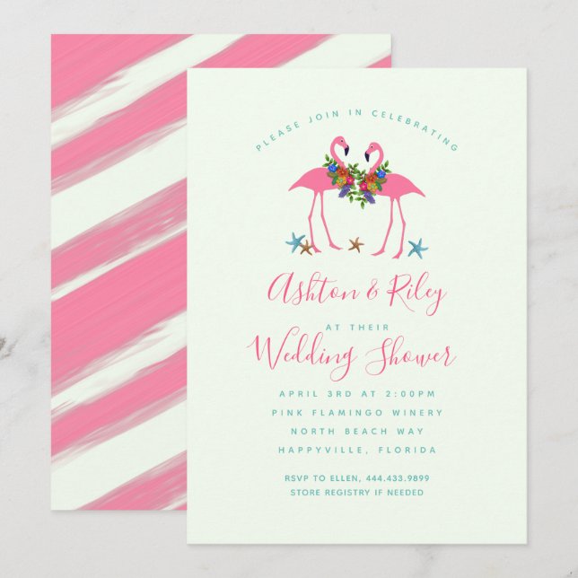 Parejas Flamingos rosas Invitación a la ducha de m (Anverso / Reverso)